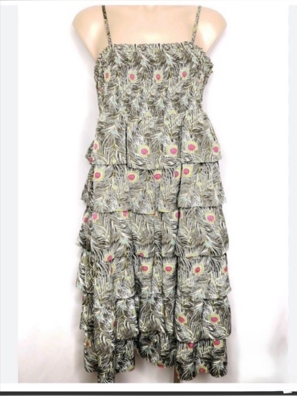 Liberty of London for Target Peacock Feather Tiered Ruffle Dress XS Smocked